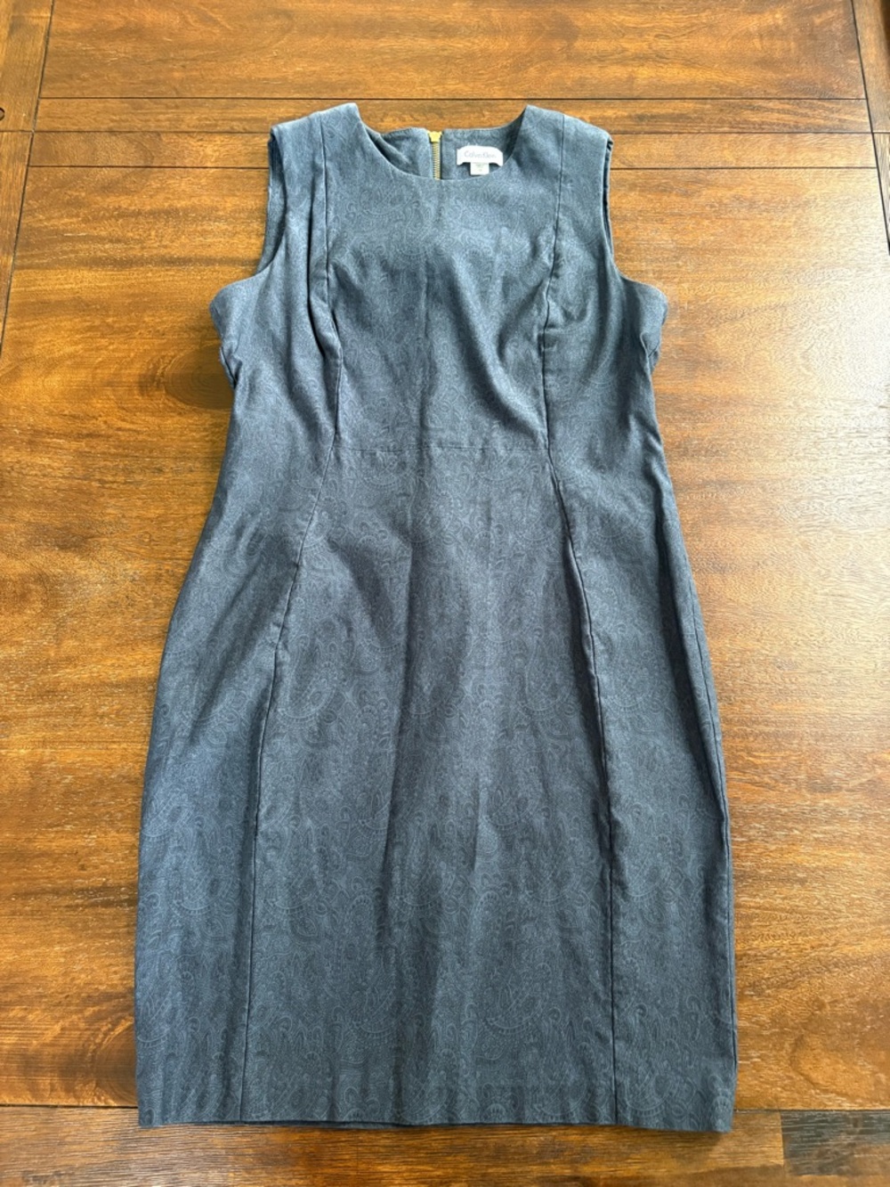 Calvin Klein Women Sheath Dress Rayon Navy Black Paisley Knee Length Stretch 12